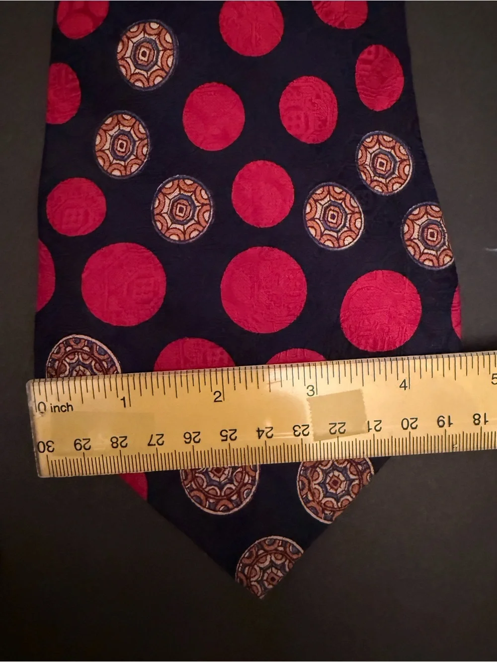 Vtg. Pierre Cardin Navy Tie with Red Polka Dots and Gold Medallions